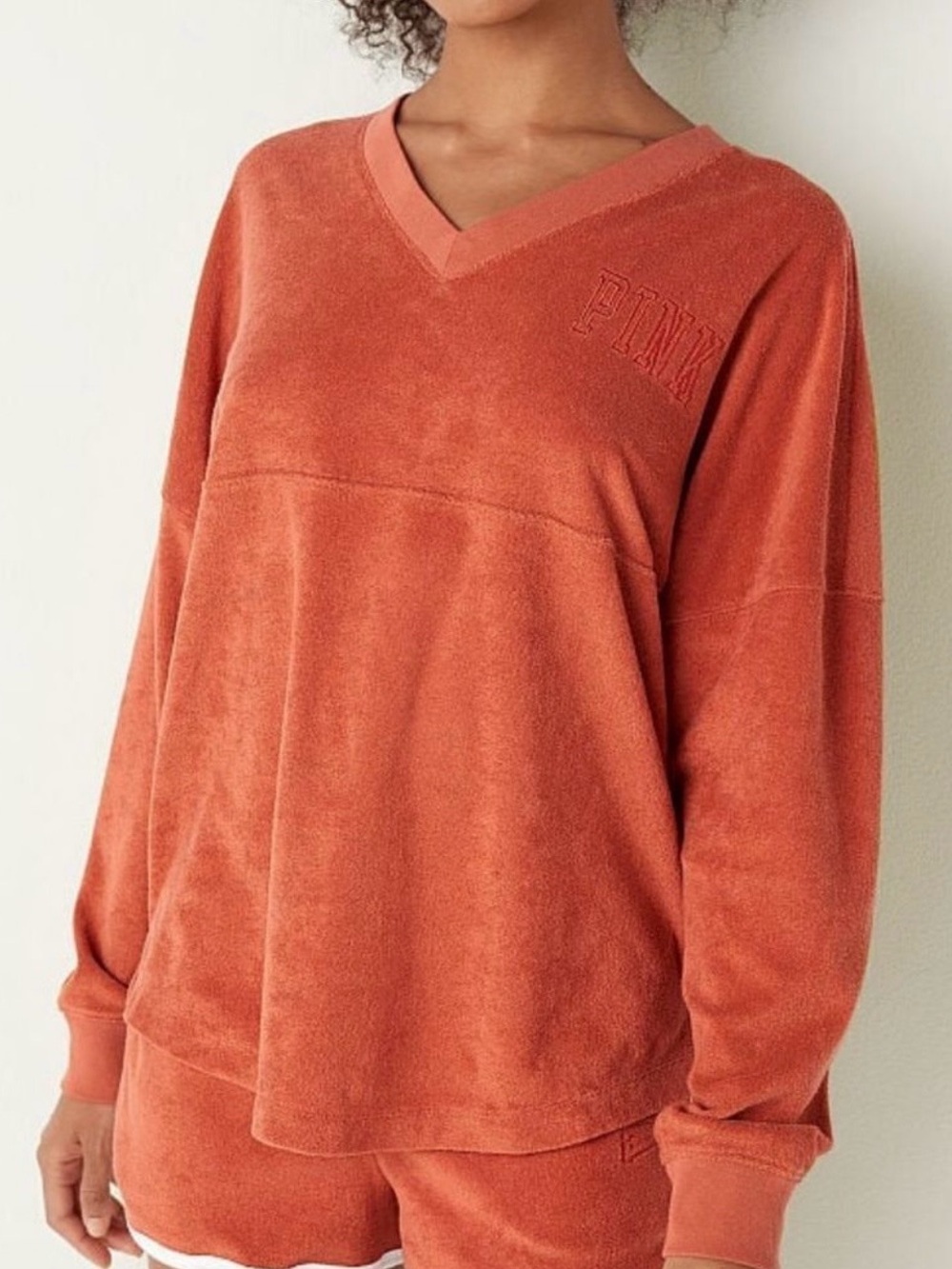 PINK Victoria's Secret varsity Terry V-Neck Pullover crewneck rust orange